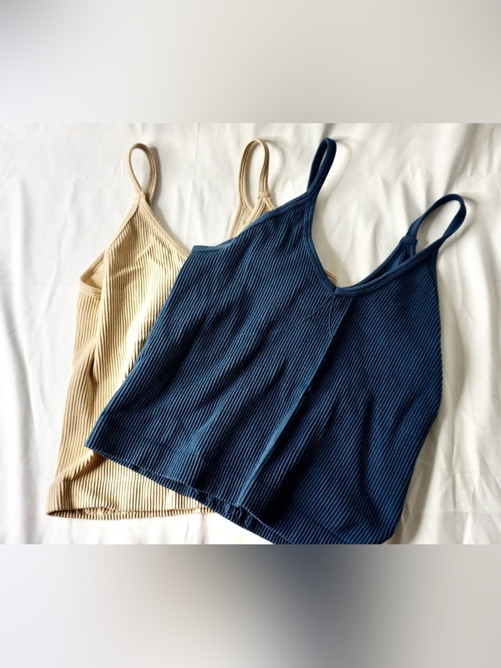 Ribbed V-Neck Camisoles - Navy and Beige